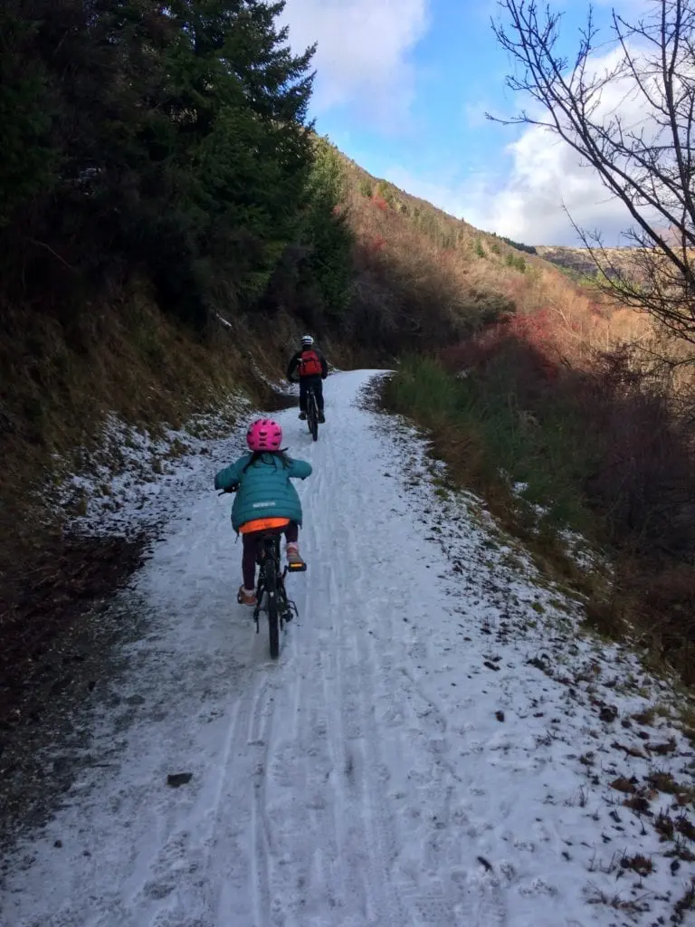 Young child riding the Bridges Trail in Winter